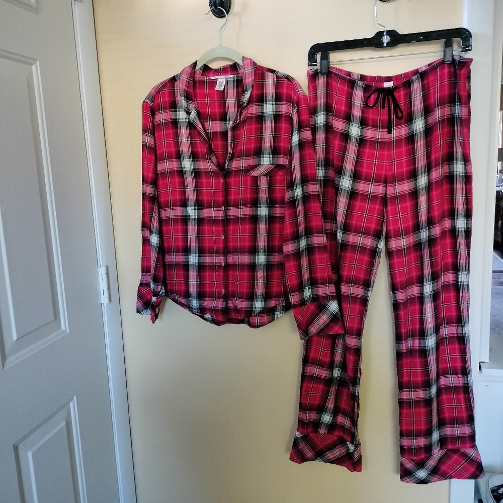 Victoria Secret Soft Cotton Blend Red Plaid Pajama Set M Lounge Holiday Sparkle